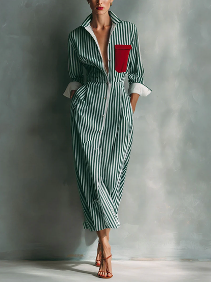 Striped Split-Joint Pockets Contrast Color Buttoned Long Sleeves High Waisted Lapel Midi Dresses