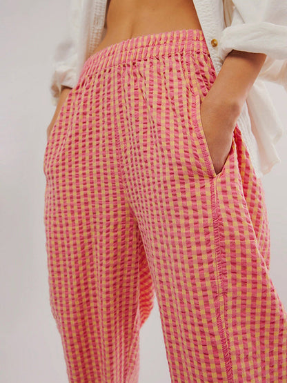 Loose Plaid Pockets Split-Joint Pants Trousers