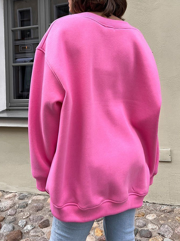 Long Sleeves Loose Solid Color Round-Neck Sweatshirt Tops