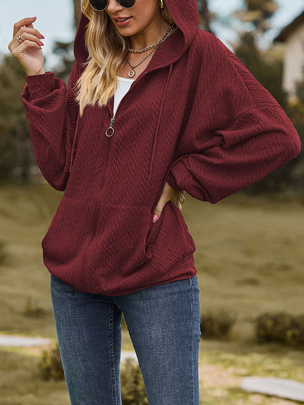 Long Sleeves Loose Drawstring Hooded Pockets Solid Color Zipper V-Neck Outerwear