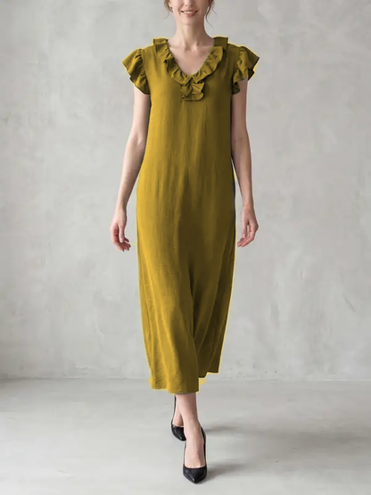 Loose Plus Size Pockets Ruffle Trim Solid Color V-Neck Maxi Dresses