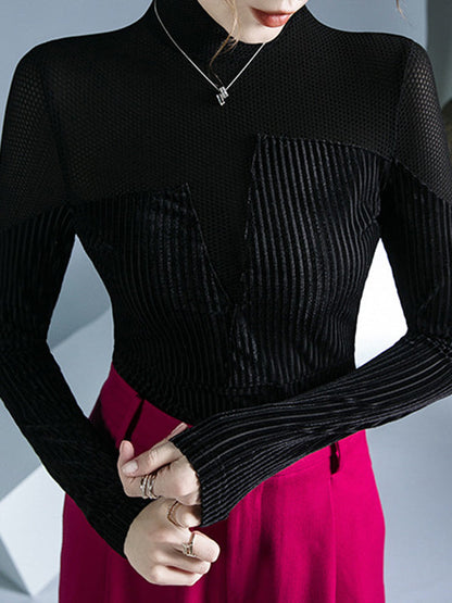 Long Sleeves Skinny Contrast Color Split-Joint High Neck T-Shirts Tops