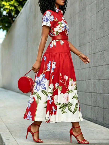 High Waisted Loose Buttoned Contrast Color Flower Print No Belt Pleated Split-Joint Lapel Midi Dresses Shirt Dress