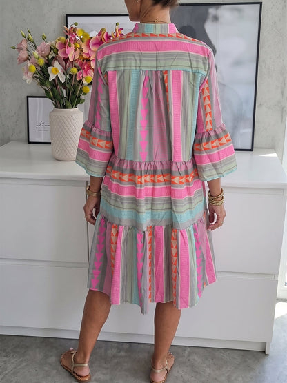 A-Line Loose Contrast Color Printed Split-Joint V-Neck Mini Dresses