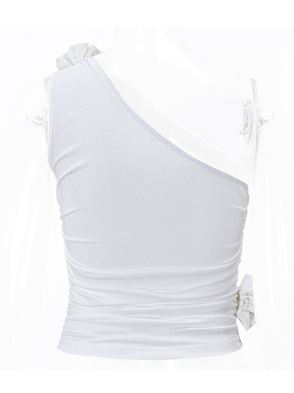Skinny Sleeveless Asymmetric Pleated Solid Color Three-Dimensional Flower One-Shoulder Vest Top