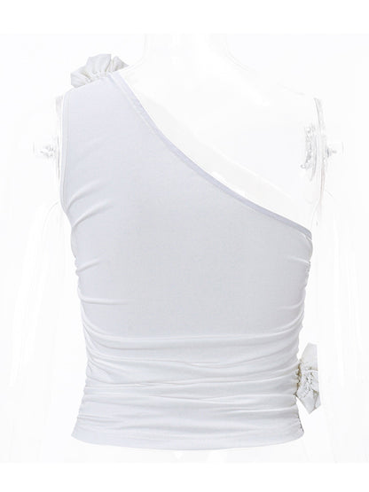 Skinny Sleeveless Asymmetric Pleated Solid Color Three-Dimensional Flower One-Shoulder Vest Top