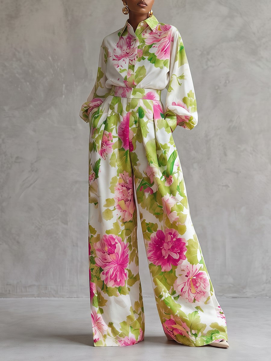 Pockets Pleated Flower Print Elasticity Contrast Color Wide Leg Loose Trousers Pants