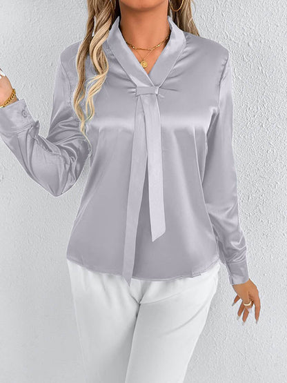 Long Sleeves Loose Solid Color Split-Joint Streamer Scarf Collar Blouses&Shirts Tops