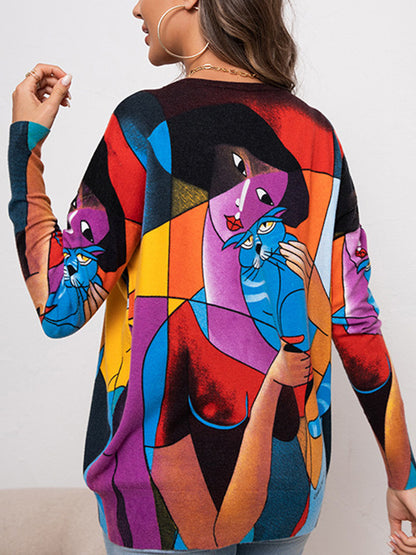 Long Sleeves Loose Animal Printed Figure Round-Neck Knitwear Pullovers Sweater Tops