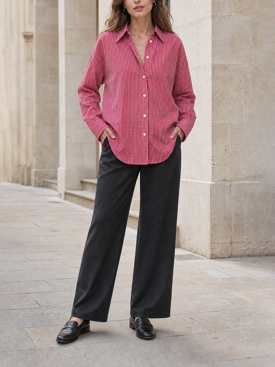 Contrast Color Buttoned Loose Long Sleeves Lapel Blouses&shirts Tops