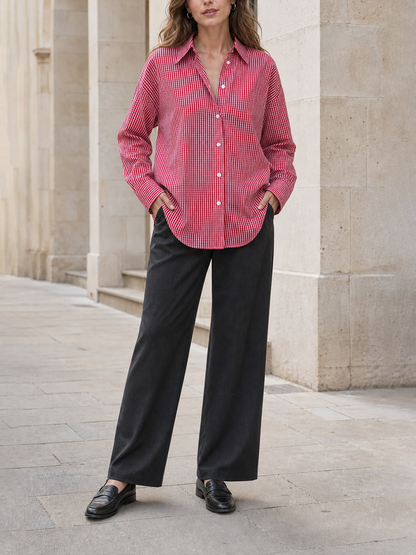 Contrast Color Buttoned Loose Long Sleeves Lapel Blouses&shirts Tops