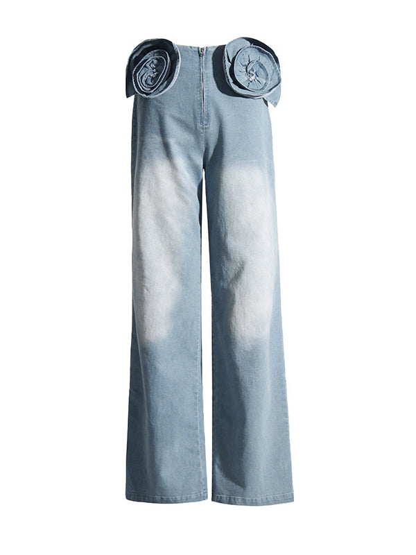 Straight Leg Three-Dimensional Flower Zipper Jean Pants Bottoms