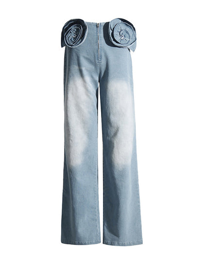 Straight Leg Three-Dimensional Flower Zipper Jean Pants Bottoms