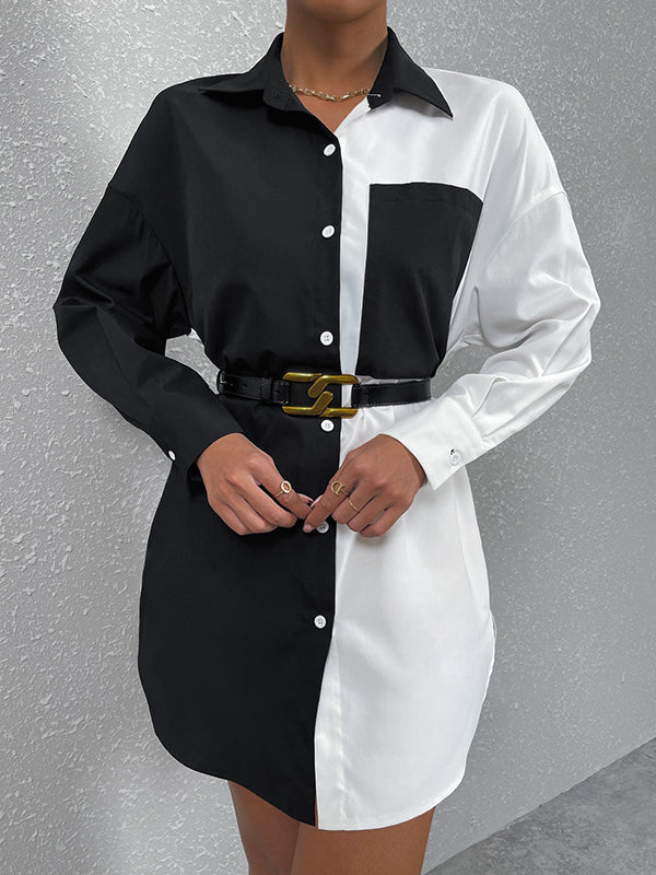 Long Sleeves Loose Asymmetric Contrast Color Split-Joint Split-Side Lapel Mini Dresses Shirt Dress