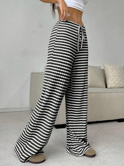 Elasticated Waist High Waisted Contrast Color Drawstring Split-Joint Striped Pants