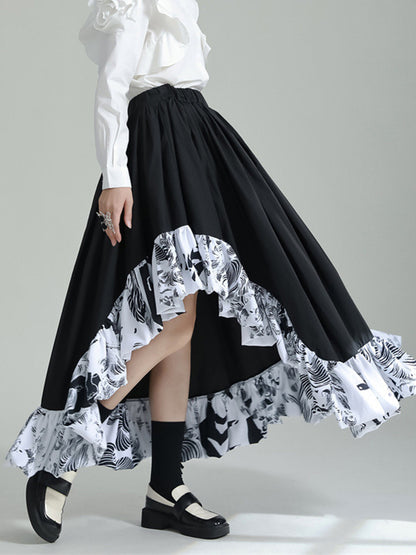 High Waisted Loose Asymmetric Elasticity Pleated Printed Ruffled Split-Joint Skirts Bottoms