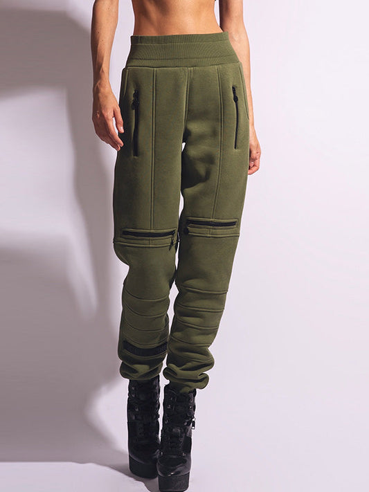 Stylish High-Waisted Solid Color Zipper Casual Sports Pants