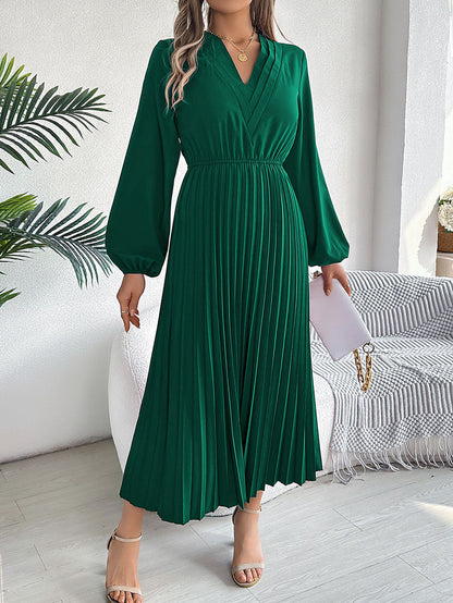 A-Line High Waisted Elasticity Pleated Solid Color V-Neck Maxi Dresses