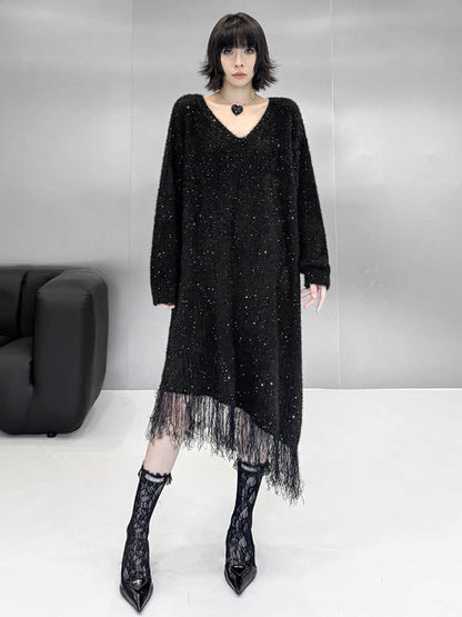 Irregularity Long Sleeves Contrast Color Sequined Shiny Split-Joint Tasseled V-Neck Midi Dresses Sweater Dresses