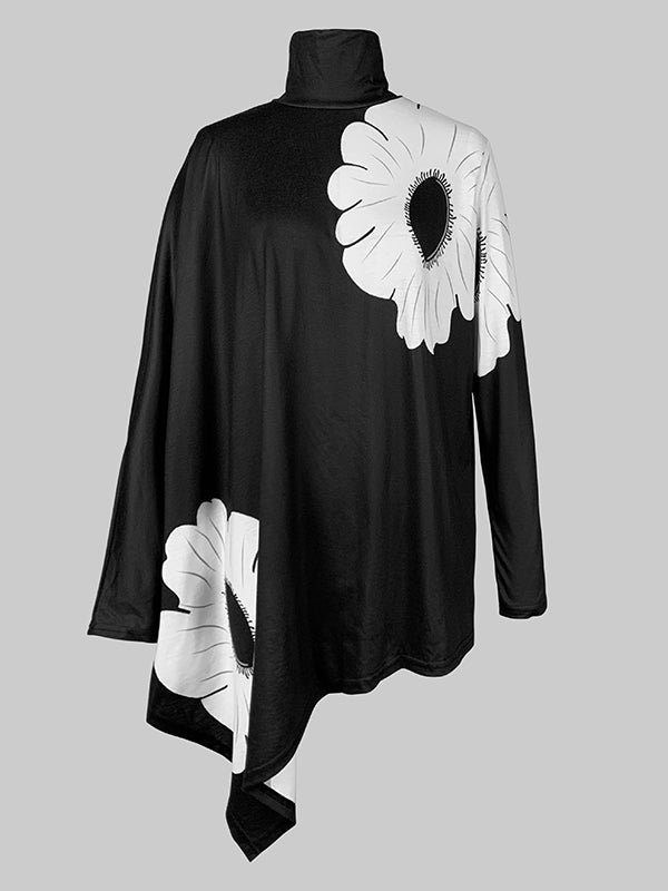 Long Sleeves Loose Asymmetric Floral Printed Split-Joint High Neck T-Shirts