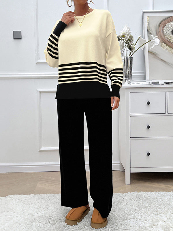 Long Sleeves Loose Contrast Color Split-Side Striped Round-Neck Sweater Top + Pants Bottom Two Pieces Set