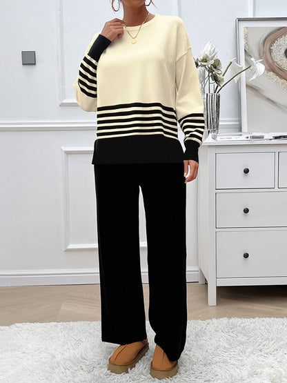 Long Sleeves Loose Contrast Color Split-Side Striped Round-Neck Sweater Top + Pants Bottom Two Pieces Set