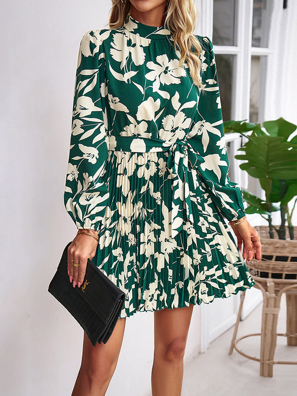 High Waisted Long Sleeves Flower Print Pleated Tied Waist Mock Neck Mini Dresses