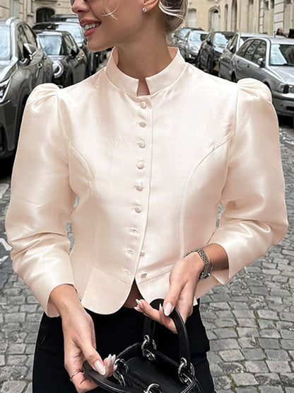 Long Sleeves Loose Buttoned Solid Color Mock Neck Blouses&Shirts Tops