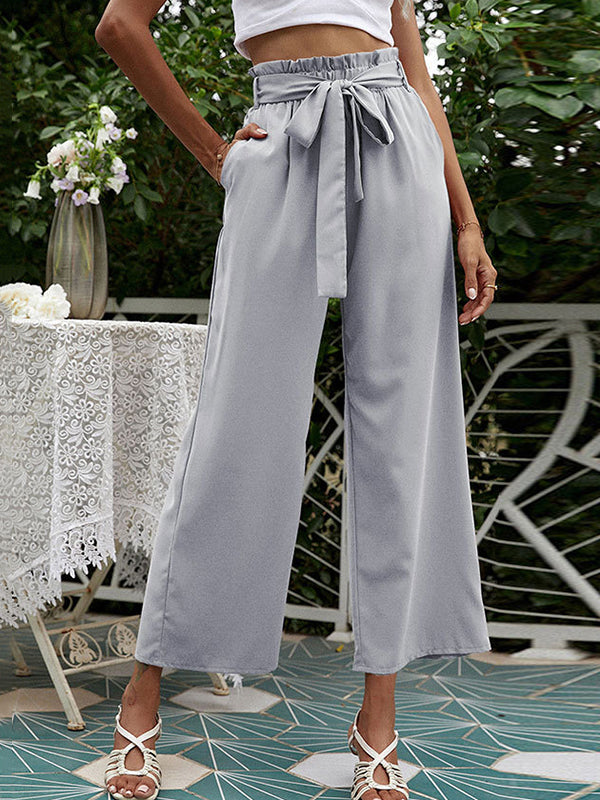 High Waisted Loose Pockets Solid Color Tied Waist Pants Trousers