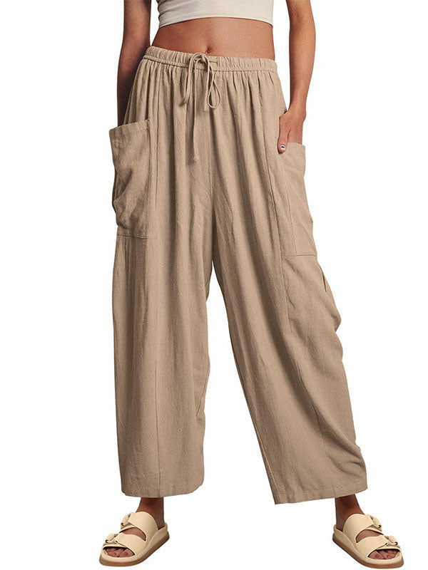 High Waisted Loose Drawstring Elasticity Pleated Pockets Solid Color Ninth Pants Trousers