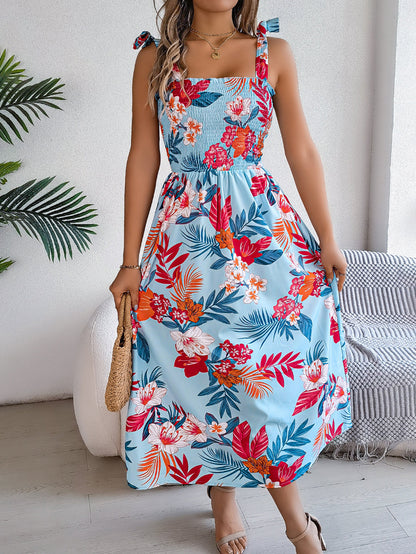 A-Line Loose Contrast Color Elasticity Flower Print Tied Spaghetti-Neck Midi Dresses