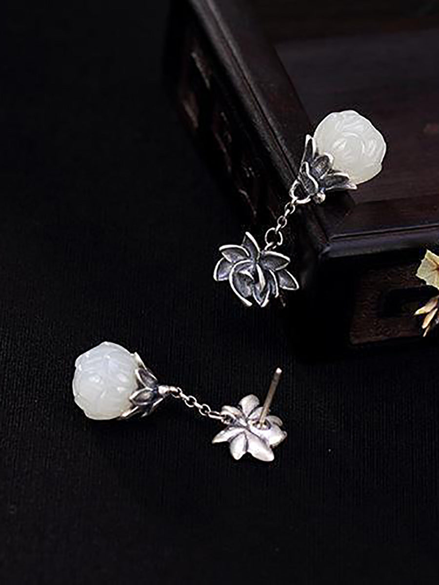 Women Vintage Allot Lotus Jade Earrings