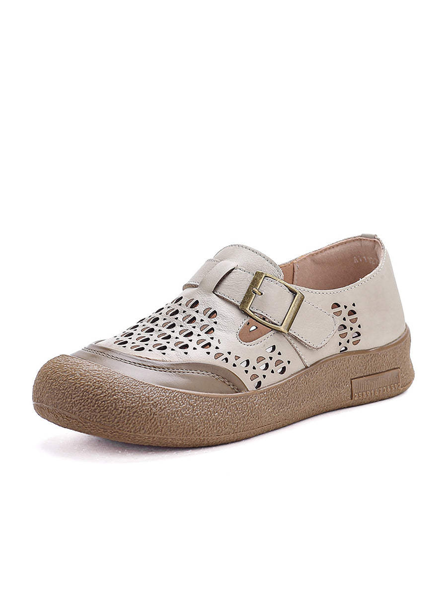 Women Summer Pure Color Leather Flat Shoes