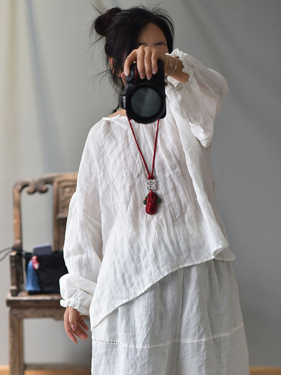 Plus Size Women Spring Retro V-Neck Puff Sleeve Shirt