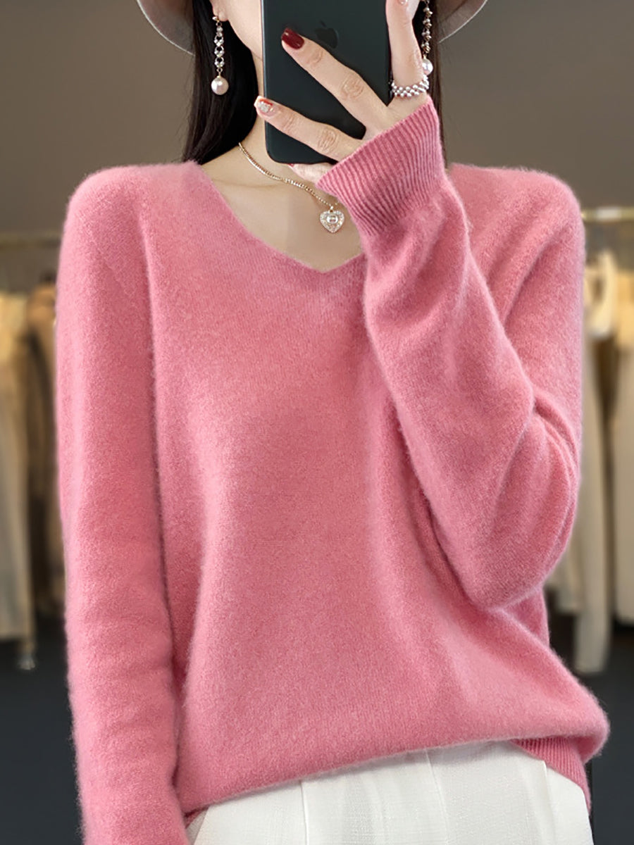Women Autumn Pure Color V-Neck Knit Sweater