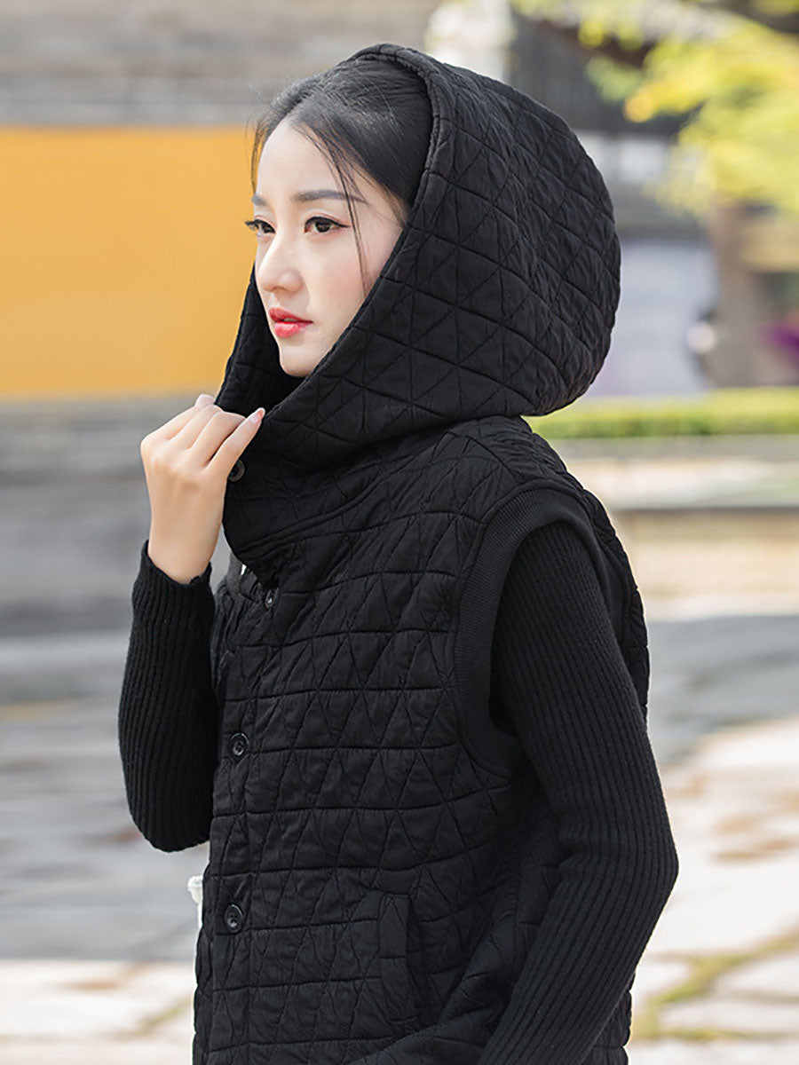 Women Winter Artsy Solid Button Pocket Hooded Vest