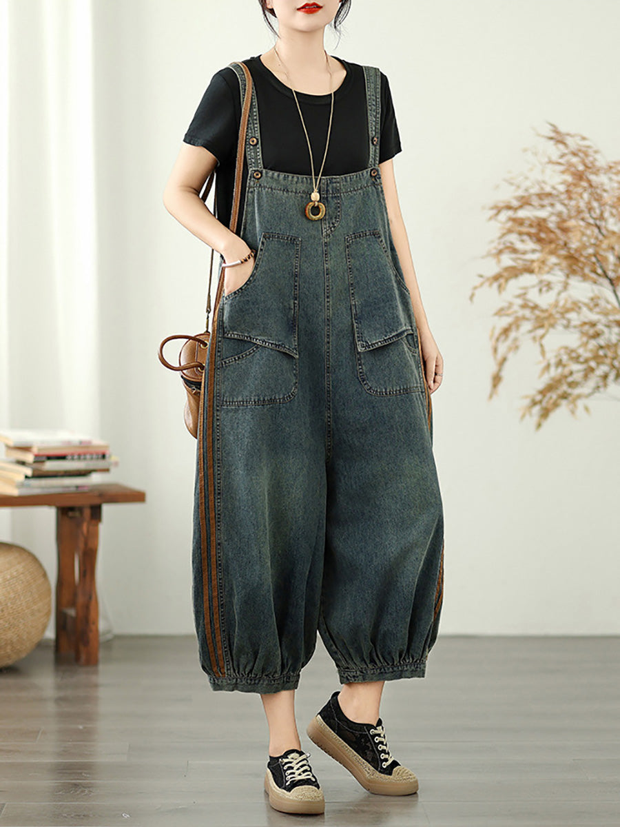 Women Summer Worn Stripe Denim Loose Jumpsuits