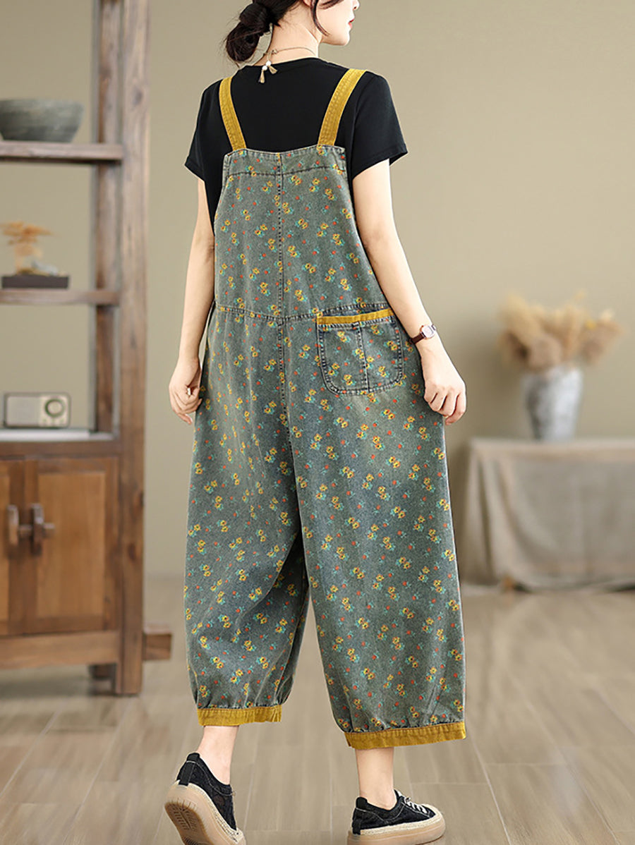 Women Summer Casual Floral Denim Wide-leg Jumpsuits