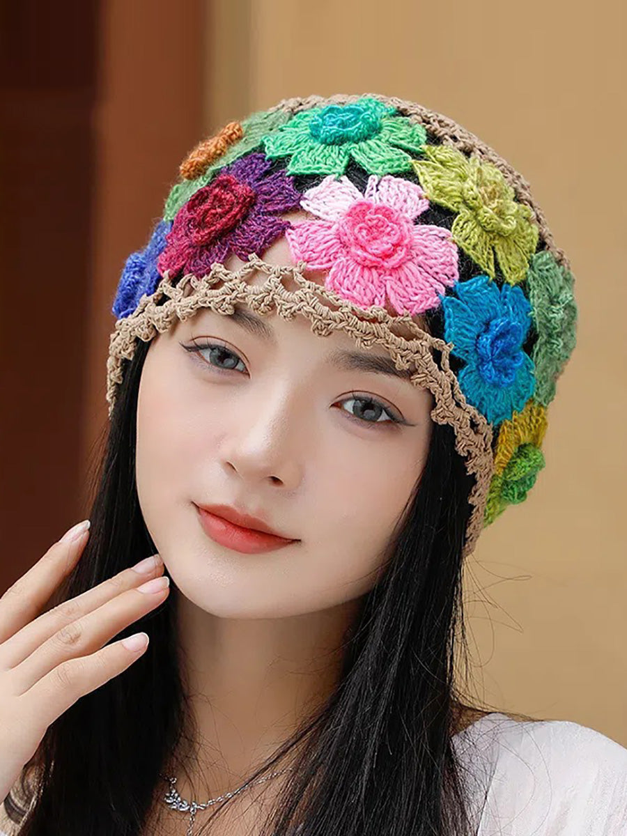Women Artsy Colorful Flower Knit Hat