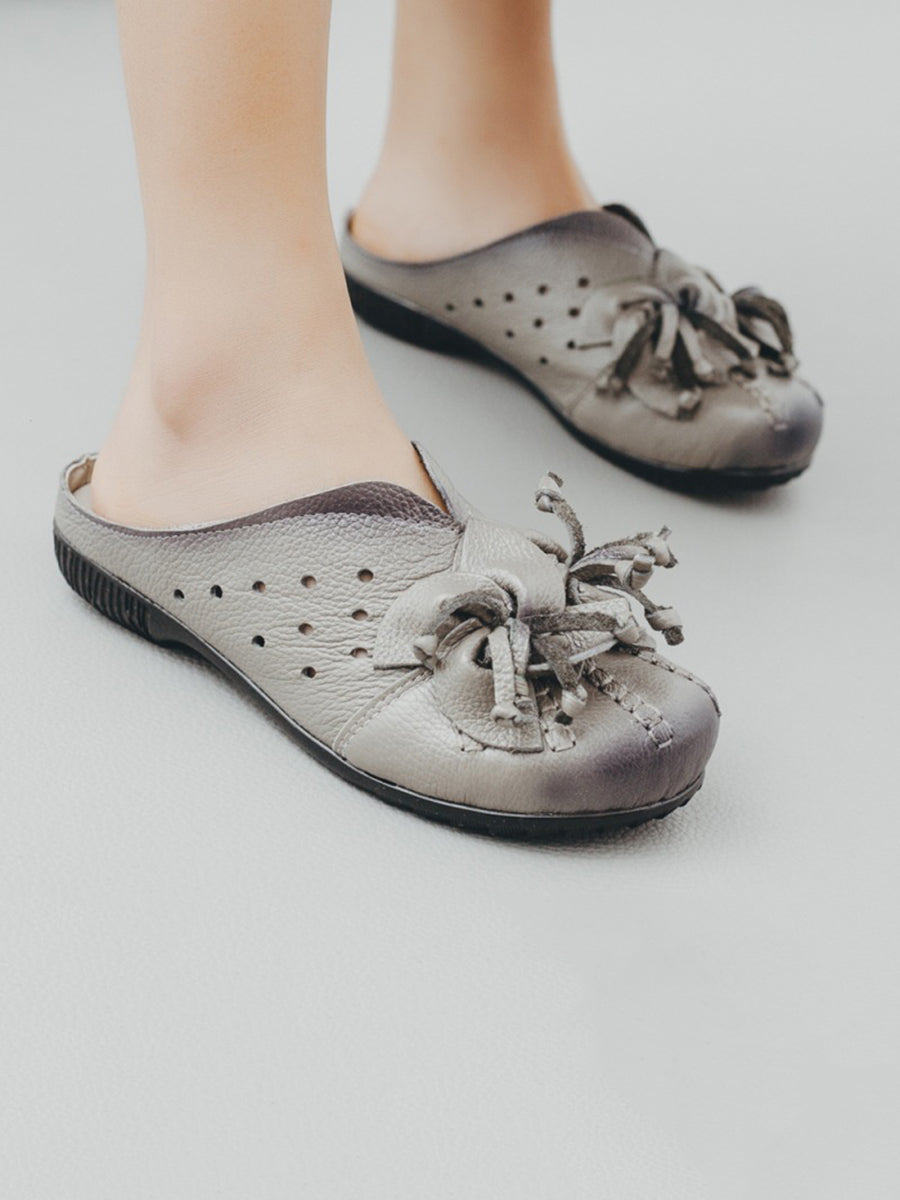 Women Vintage Leather Flower Low Heel Slippers
