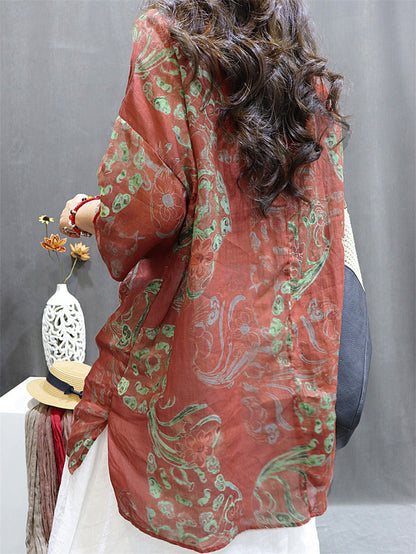 Plus Size Women Summer Vintage Flower Ramie Blouse M-4XL