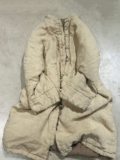 Women Winter Casual Pure Color Linen Padded Long Coat