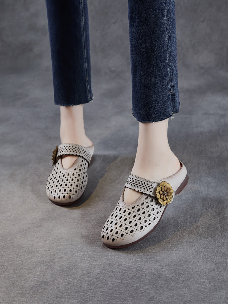 Women Casual Genuine Leather Flower Low Heel Slippers