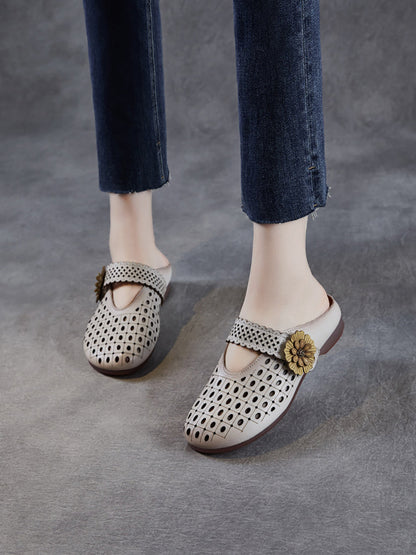 Women Casual Genuine Leather Flower Low Heel Slippers