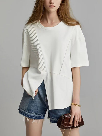 Plus Size Women Summer Casual Split Hem Pleat Spliced Solid Shirt