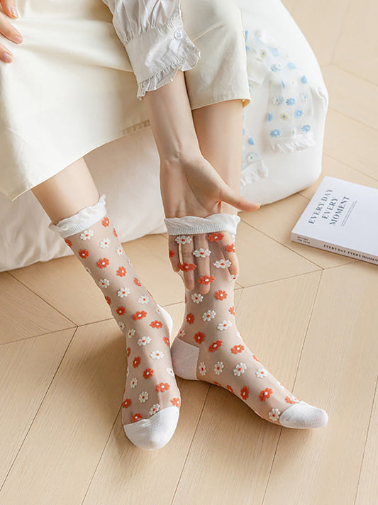 3 Pairs Women Artsy Summer Flower Thin Socks