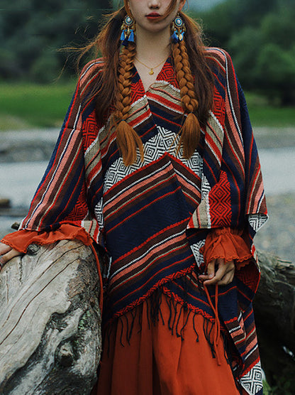 Women Ethnic Colorblock Stripe Tassel Shawl Scarf