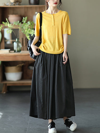 Plus Size Women Summer Solid Pleat Button Pocket Wide-leg Pants