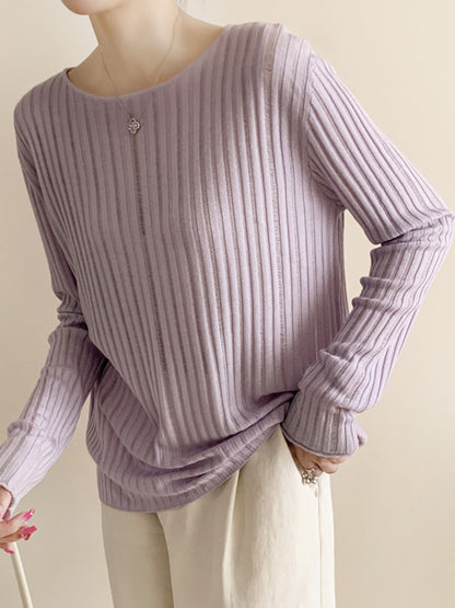 Long Sleeves Loose Solid Color Round-Neck Knitwear Sweater Tops