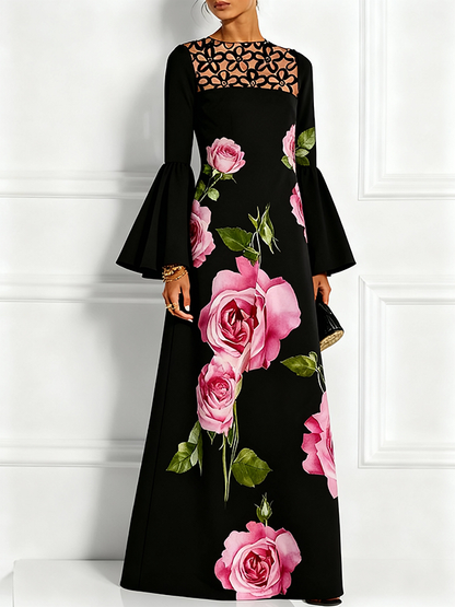 Flared Sleeves Long Sleeves Contrast Color Flower Print Hollow Print Split-Joint Round-Neck Maxi Dresses